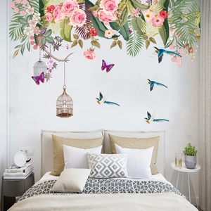 Bedroom wall sticker scene with tropical palm leaves, roses, blue birds and birdcages