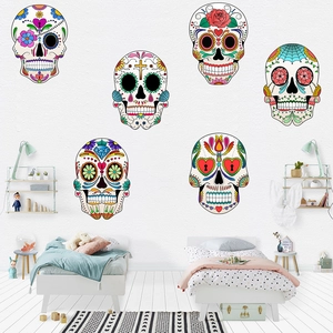 Mexican Sugar Skull Wall Stickers Floral Day of the Dead Calavera PVC Waterproof Decals for Halloween Party Home Decoration