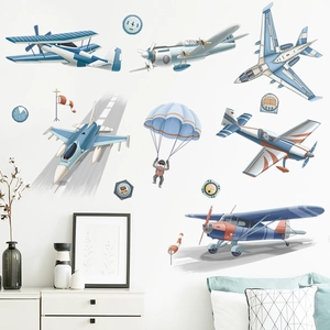Vliegtuig muurstickers met parachutist voor wanddecoratie in de kinderkamer