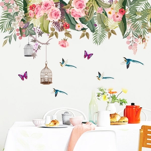 Peony rose and palm leaf wall stickers with birds and butterfly for home wall decor