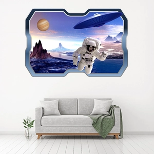Detailed 3D space wall sticker showing an astronaut and planets above a white sofa