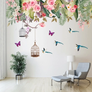 Floral wall stickers featuring peonies, butterflies, and vintage birdcages for home decor