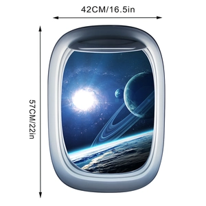 Detail view of 3D spaceship window wall sticker showing dimensions 42cm by 57cm