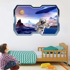 3D outer space wall sticker with astronaut, UFO and planet for kids room wall decor
