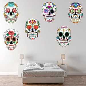Set of 6 colorful floral sugar skull wall stickers for living room and bedroom decor