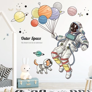 Cartoon Astronaut Hund und Planeten Wandtattoo für Kinderzimmer Weltraum Dekoration