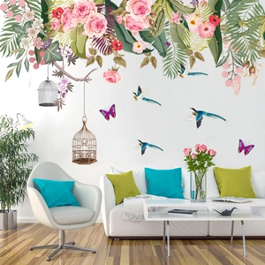 Tropical peony flower and bird wall stickers for modern living room home wall decor