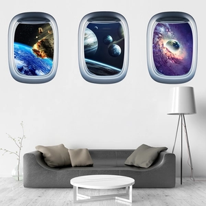 Set of 3 3D space spacecraft window wall stickers showing planets and starry galaxies