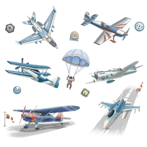 Cartoon gevechtsvliegtuig en parachutist muurstickers voor kinderkamer