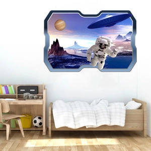 3D space wall sticker featuring an astronaut and UFO view from a sci-fi window frame