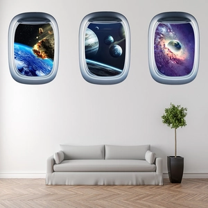 Three-piece 3D spaceship window wall stickers showing Earth and deep space views
