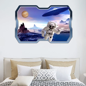 3D outer space wall decal with astronaut and spaceship scenery for bedroom wall decor