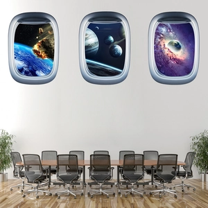 Three 3D spaceship window wall stickers with views of earth and outer space galaxies