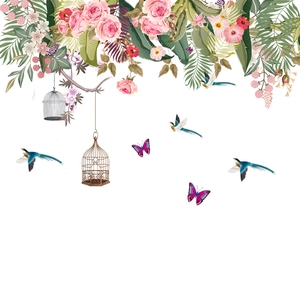 Tropical peony flower and butterfly wall stickers set with birds and metal cage decor