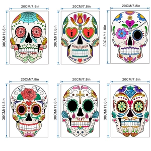 Detailed size guide of six colorful Day of the Dead flower skull wall stickers