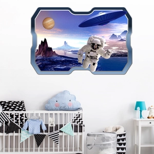 Detailed 3D outer space wall sticker with astronaut and UFO for kids room decor