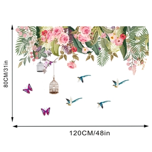 Detail showing tropical peony and bird wall stickers with dimensions 120x80cm