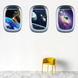 Three-piece 3D spaceship window wall decals featuring Earth, Saturn, and nebula landscapes