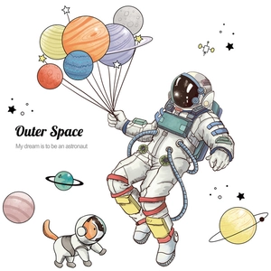 Niedliches Astronauten-Hund Wandsticker mit Planetenballons für Kinderzimmer Deko