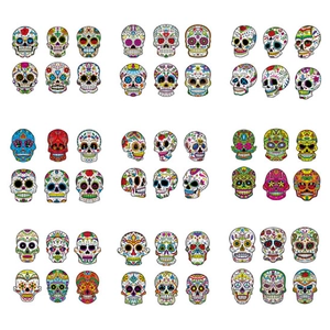 Macro display of colorful Mexico sugar skull stickers in a neat grid for wall decoration