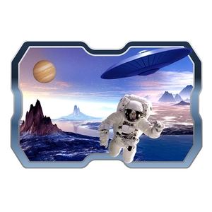 Detail of 3D space wall sticker with astronaut, UFO, and planet in a broken window design