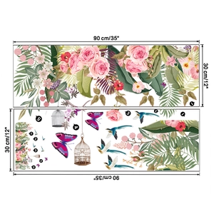 Detail view of floral wall sticker set with pink roses and birds in 90x30cm layout size