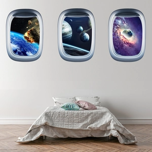Three-piece 3D spaceship window wall stickers showing views of Earth and outer space nebula