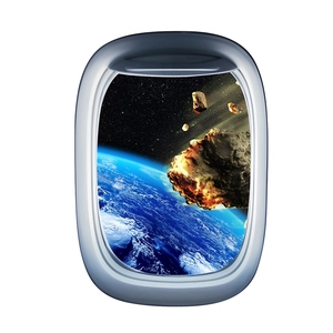 Detailed 3D aircraft window wall decal showing a realistic space scene with Earth and meteors