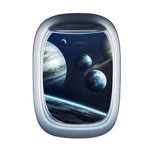 3D airplane window wall sticker featuring Saturn and space galaxy exploration