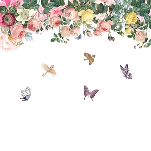 Floral wall decal with vintage watercolor roses, butterflies, and birds for room decor