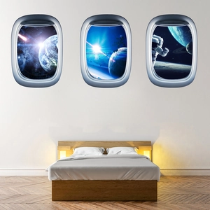 Detailed 3D wall decals showing spacecraft windows with astronaut and Earth views