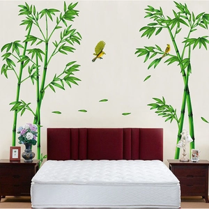 Detailed view of bamboo and magpie wall stickers in a realistic bedroom setting