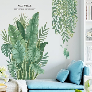 Stickers muraux feuilles de bananier tropicales et monstera avec silhouette d'élan décor