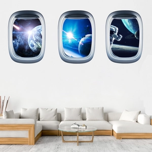 3-piece 3D spaceship window wall stickers featuring astronaut and galaxy for living room