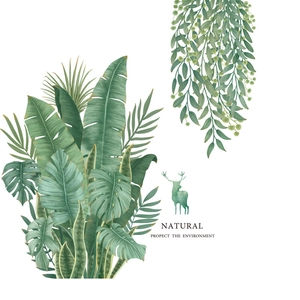 Stickers muraux feuilles de bananier tropicales et monstera avec silhouette de renne
