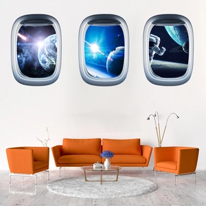 Three-piece set of 3D spaceship window wall stickers featuring astronaut and planets