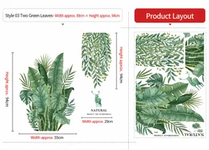 Dimensions détaillées des stickers muraux feuilles tropicales avec monstera et rennes