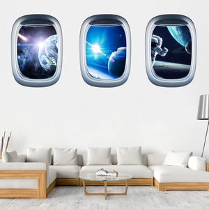 Three-piece set of 3D space window wall decals featuring Earth, galaxy and astronaut