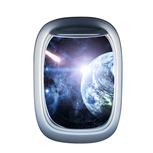 Detail of 3D space window wall decal showing a comet and earth from a spaceship