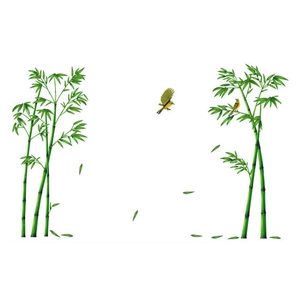 Chinese style bamboo wall sticker with green leaves and yellow birds on white background