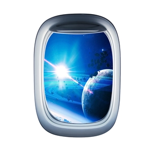 3D space porthole wall decal featuring cosmic galaxy with planets and meteorite debris