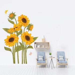 Adesivo murale con girasoli e farfalle su parete bianca per camera da letto