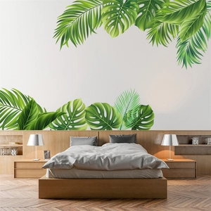 Tropical monstera and palm leaf wall stickers for a fresh bedroom interior decoration