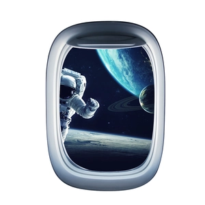 Detailed 3D outer space window wall sticker with astronaut and earth scene