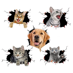 5-piece 3D pet wall stickers featuring realistic 3D cats and golden retriever dog decals