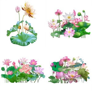 Adesivi murali loto dorati con fiori rosa e bianchi e foglie verdi vivaci