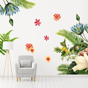 Tropical watercolor wall decals featuring blue lilies and hibiscus for home decor