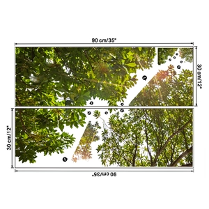 Detailed wall sticker layout showing 90x30cm lush green tree canopy panels with dimensions