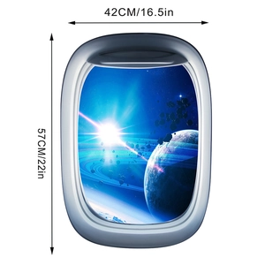 Detailed view of 3D spaceship window wall sticker with space scene and dimensions