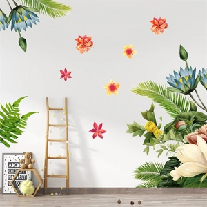 Tropical green leaf and colorful flower wall decals for living room or nursery decor